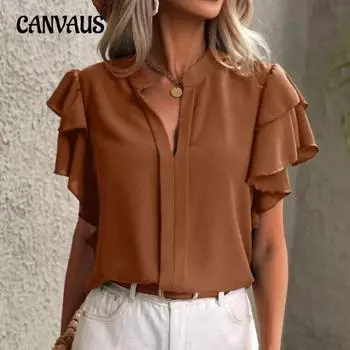 Женская летняя футболка с v-образным вырезом, повседневная двухслойная однотонная рубашка с рюшами и рукавами, топ с короткими рукавами S чёрный