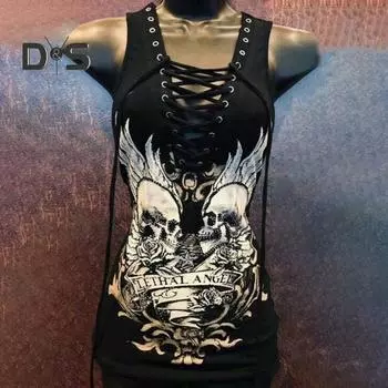 Женская летняя футболка с v-образным вырезом на шнуровке, регулируемые ремни, футболка без рукавов, футболка с буквенным принтом черепа, облегающие пуловеры в стиле панк M чёрный