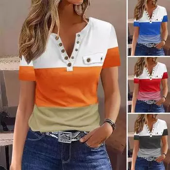 Женская летняя футболка с v-образным вырезом и пуговицами, цветная футболка с короткими рукавами, контрастный пуловер, облегающие топы, уличная одежда M синий