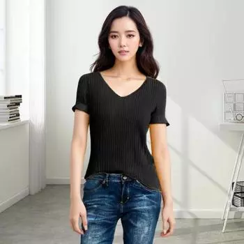 Женская летняя футболка с V-образным вырезом и коротким рукавом, однотонная футболка, стандартный крой, ребристые трикотажные топы для работы и повседневной носки XL жёлтый