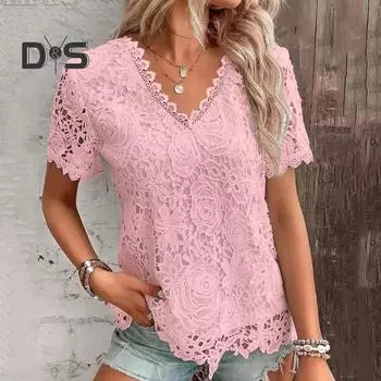Женская летняя футболка с V-образным вырезом и коротким рукавом, повседневная футболка с ажурной вышивкой, кружевной пуловер, топы, уличная одежда 2XL синий