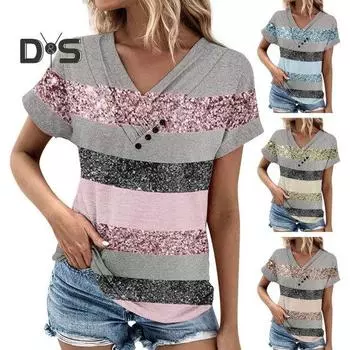 Женская летняя футболка с V-образным вырезом, декором на пуговицах, блестящими пайетками, цветными блоками, короткими рукавами, свободный пуловер, мягкий дышащий повседневный женский повседневный топ S розовый