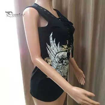 Женская летняя футболка с v-образным вырезом на шнуровке, регулируемые ремни, футболка без рукавов, футболка с буквенным принтом черепа, облегающие пуловеры в стиле панк S чёрный