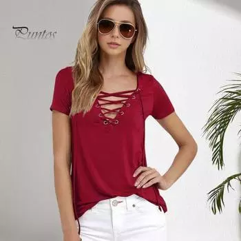 Женская летняя футболка с v-образным вырезом и перекрестной шнуровкой, футболка с короткими рукавами, однотонный приталенный пуловер, топы, уличная одежда M небесно-голубой