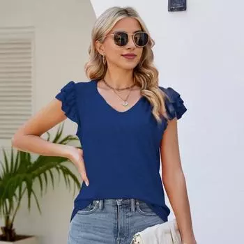 Женская летняя футболка с v-образным вырезом и рюшами, многослойные плиссированные топы с короткими рукавами, однотонная блузка свободного покроя M синий