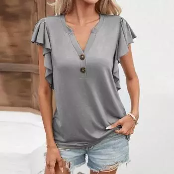 Женская летняя футболка с v-образным вырезом и пуговицами, топы с полупланками, пуловеры с короткими рукавами и рюшами, мягкая эластичная однотонная футболка свободного покроя, уличная одежда 2XL