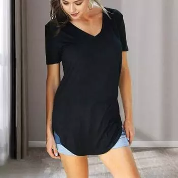 Женская летняя футболка с v-образным вырезом и короткими рукавами, пуловер, однотонная футболка средней длины, свободная посадка, повседневные футболки, уличная одежда L чёрный