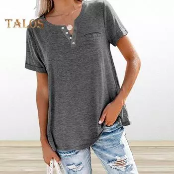 Женская летняя футболка с v-образным вырезом, короткими рукавами и пуговицами, футболка с вырезом, однотонный пуловер свободного покроя, топы с карманами, уличная одежда S темно-серого