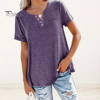 Женская летняя футболка с v-образным вырезом, короткими рукавами и пуговицами, футболка с вырезом, однотонный пуловер свободного покроя, топы с карманами, уличная одежда S темно-серого