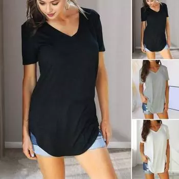 Женская летняя футболка с v-образным вырезом и короткими рукавами, пуловер, однотонная футболка средней длины, свободная посадка, повседневные футболки, уличная одежда L белый