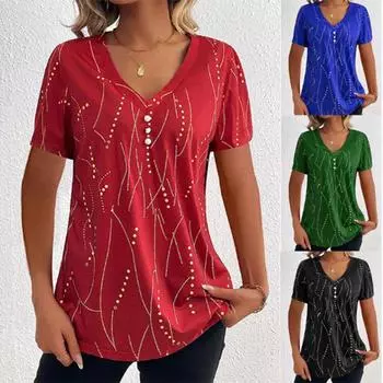 Женская летняя футболка с v-образным вырезом и коротким рукавом, женские модные летние свободные топы с принтом в горошек S красный