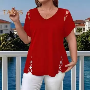 Женская летняя футболка с V-образным вырезом, коротким рукавом, однотонная, свободного кроя, повседневные топы с ажурным перекрестным дизайном 4XL красный