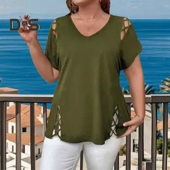 Женская летняя футболка с V-образным вырезом, коротким рукавом, однотонная, свободного кроя, повседневные топы с ажурным перекрестным дизайном 3XL красный