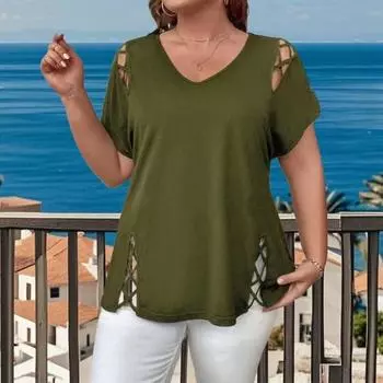 Женская летняя футболка с V-образным вырезом, коротким рукавом, однотонная, свободного кроя, повседневные топы с ажурным перекрестным дизайном 4XL красный