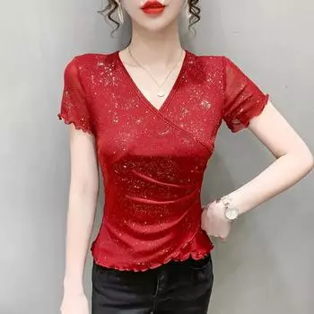 Женская летняя футболка с V-образным вырезом и коротким рукавом, однотонный топ с дизайном «Темперамент» 3XL чёрный