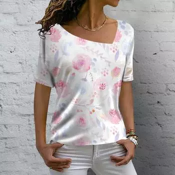 Женская летняя футболка с v-образным вырезом и 3d цветочным принтом, повседневная футболка, женский винтажный пуловер с короткими рукавами в стиле Харадзюку для девочек 3XL