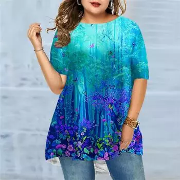 Женская летняя футболка с веером и лесным принтом больших размеров, удобная футболка с короткими рукавами и круглым вырезом, повседневная мешковатая футболка средней длины XS красный