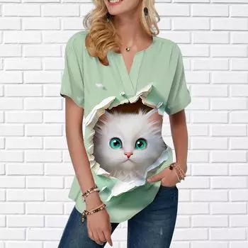 Женская летняя футболка с зеленоглазым котом и принтом, футболки с короткими рукавами, повседневные топы с принтом, маленький v-образный вырез с короткими рукавами XS зелёный