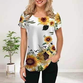 Женская летняя футболка с зеленым принтом хризантемы и короткими рукавами, повседневные топы с принтом XS зелёный