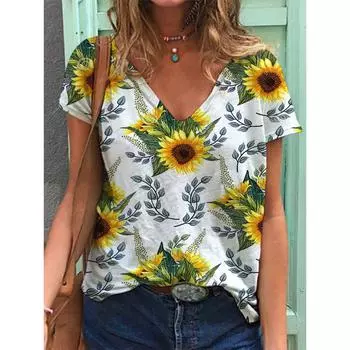 Женская летняя футболка с желтым принтом подсолнуха, футболки с короткими рукавами, повседневные топы с принтом XS белый