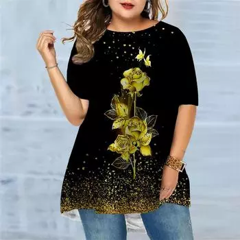 Женская летняя футболка с золотым принтом больших размеров, удобная футболка с короткими рукавами и круглым вырезом, повседневная мешковатая футболка средней длины XS фиолетовый