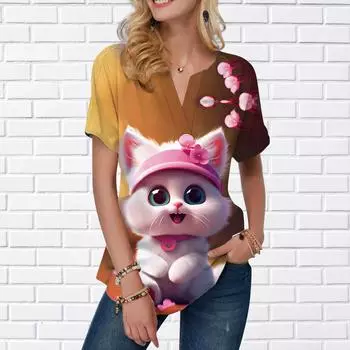 Женская летняя футболка, шляпа, футболки с короткими рукавами и принтом кошки, повседневные топы с принтом, маленький v-образный вырез, короткие рукава XS разноцветный