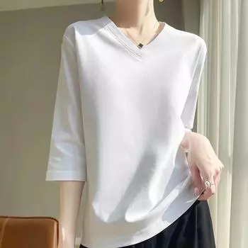 Женская летняя футболка свободного кроя с V-образным вырезом и рукавом семь четвертей, красивые топы для поездок на работу 3XL