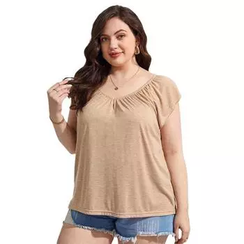 Женская летняя футболка свободного покроя, однотонная, с короткими рукавами и V-образным вырезом, большого размера 4XL хаки