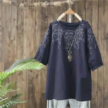 Женская летняя футболка свободного покроя с цветочным принтом для мам среднего возраста в стиле ретро M тёмно-синий