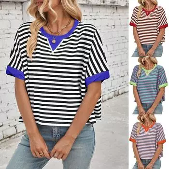 Женская летняя футболка свободного покроя с полосками и цветными блоками, с круглым вырезом и коротким рукавом, женская футболка с рукавом «летучая мышь» S зелёный