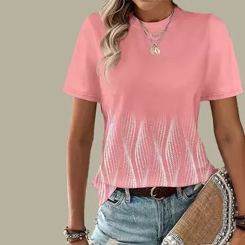 Женская летняя футболка Тональный крем для макияжа Жемчужный принт Футболка с короткими рукавами Повседневный топ с принтом XS розовый