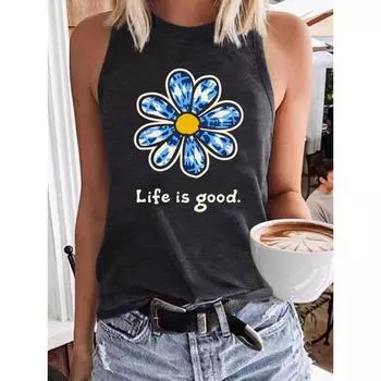 Женская летняя футболка-топ без рукавов с цветочным принтом и буквами, свободная, большая, дышащая и удобная S