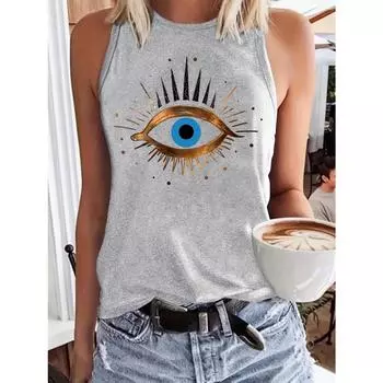 Женская летняя футболка-топ без рукавов с принтом в виде глаз, свободная, большая, дышащая и удобная S