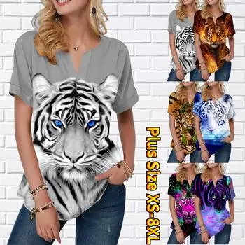 Женская летняя футболка «Взгляд тигра» с принтом, футболки с короткими рукавами, повседневные топы с принтом, маленький v-образный вырез с короткими рукавами XS серый