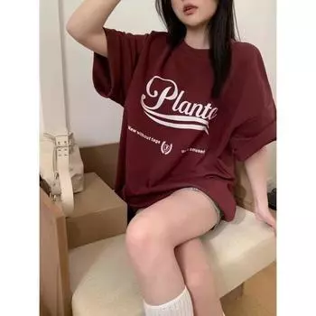 Женская летняя футболка в стиле ретро с буквенным принтом и коротким рукавом, красные топы с круглым вырезом M белый