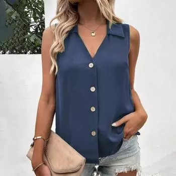 Женская летняя футболка, жилет, повседневная однотонная майка большого размера, с v-образным вырезом, без рукавов, на пуговицах, однобортная, средней длины, мягкая дышащая женская одежда S темно-синий