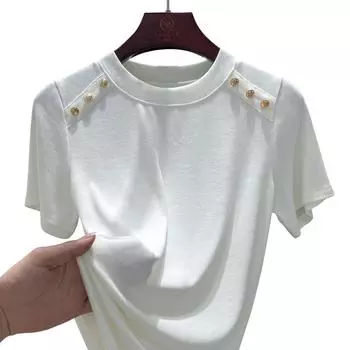 Женская летняя хлопковая футболка Office Lady со средней эластичностью, топ с круглым вырезом и пуговицами, готический топ для похудения XXXL белый