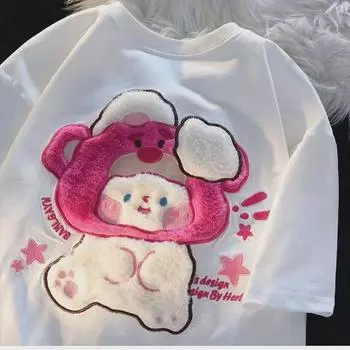 Женская летняя хлопковая футболка с медведем и кроликом — короткий рукав, свободный крой, модный дизайн L абрикосовый