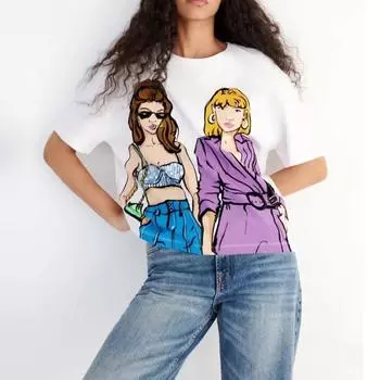 Женская летняя хлопковая футболка с принтом для девочек, длинная футболка с коротким рукавом, топ S