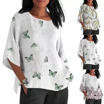 Женская летняя хлопковая льняная блузка свободного кроя с рукавами 3/4 и футболкой с принтом Топ L зелёный