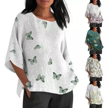 Женская летняя хлопковая льняная блузка свободного покроя с рукавом 3/4, футболка с ретро-принтом, топ