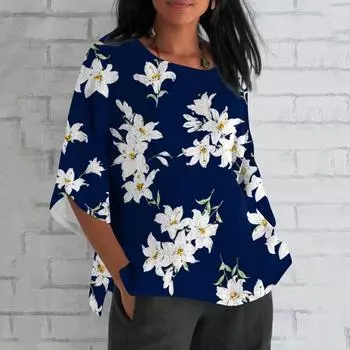 Женская летняя хлопковая льняная блузка свободного кроя с рукавами 3/4 и футболкой с принтом Топ L