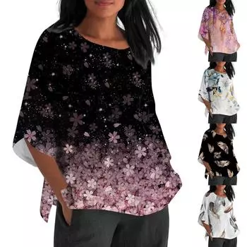 Женская летняя хлопковая льняная блузка свободного покроя с рукавом 3/4, футболка с ретро-принтом, топ XXL золотой