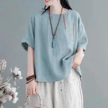 Женская летняя хлопковая льняная футболка-пуловер, мягкая дышащая блузка с коротким рукавом и круглым вырезом, вышитая M(40-44kg) оранжевый