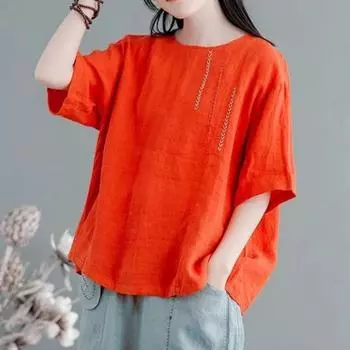 Женская летняя хлопковая льняная футболка-пуловер, мягкая дышащая блузка с коротким рукавом и круглым вырезом, вышитая M(40-44kg) оранжевый