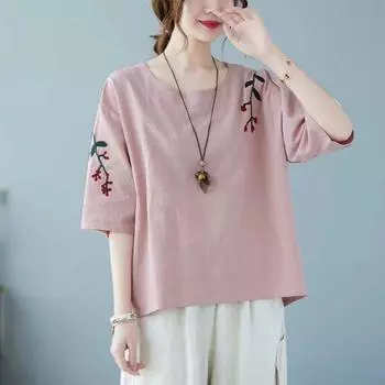 Женская летняя хлопковая льняная футболка с коротким рукавом и круглым вырезом, вышитая блузка M(40-44kg) белый