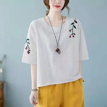 Женская летняя хлопковая льняная футболка с коротким рукавом и круглым вырезом, вышитая блузка M(40-44kg) белый