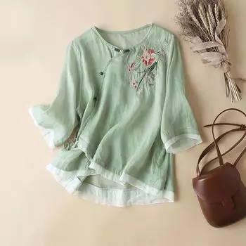 Женская летняя хлопковая льняная футболка с вышитыми этническими пуговицами и рукавами 4XL