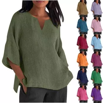 Женская летняя хлопковая льняная футболка, топы, свободная блузка с рукавами 3/4, винтажная одежда с круглым вырезом, одежда больших размеров L