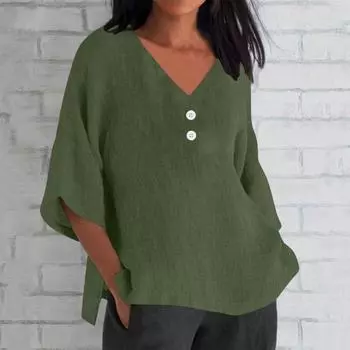 Женская летняя хлопковая льняная футболка, топы, свободная блузка с рукавом 3/4, винтажная одежда больших размеров L
